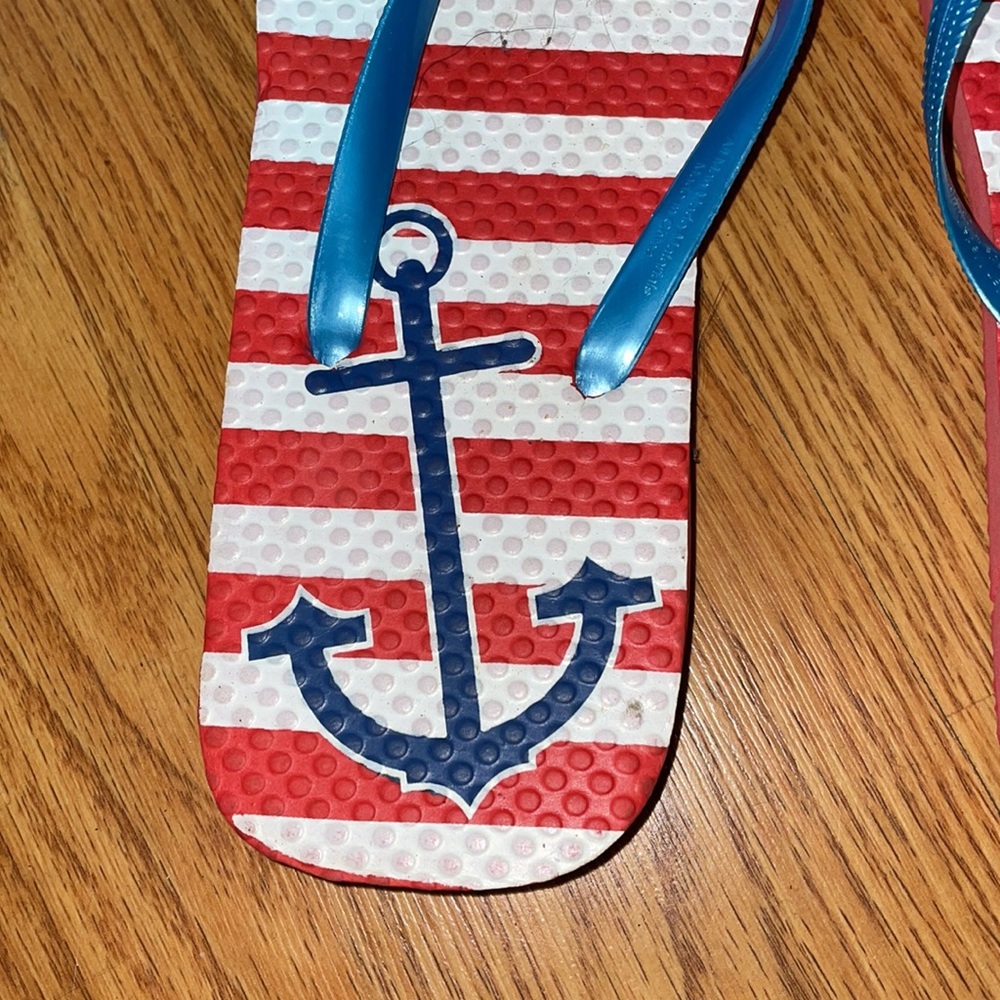 Women’s nautical anchor red white and blue striped flip flop sandals size US 7-8 - Picture 2 of 5